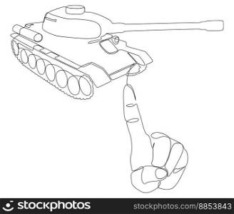 One continuous line of index finger pointng at Armored Tank. Thin Line Illustration vector concept. Contour Drawing Creative ideas.