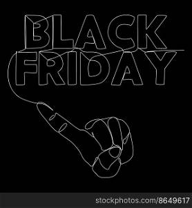 One continuous line of index finger pointng at Black Friday word. Thin Line Illustration vector concept. Contour Drawing Creative ideas.