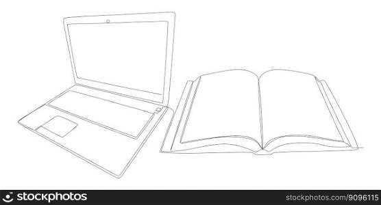 One continuous line of Laptop and book. Thin Line Illustration vector concept. Contour Drawing Creative ideas.