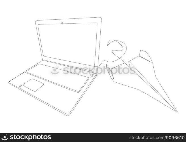 One continuous line of Laptop and Paper Airplane. Thin Line Illustration vector concept. Contour Drawing Creative ideas.