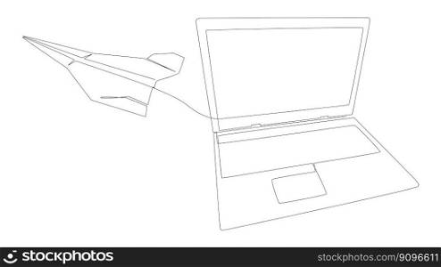 One continuous line of Laptop and Paper Airplane. Thin Line Illustration vector concept. Contour Drawing Creative ideas.