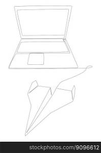 One continuous line of Laptop and Paper Airplane. Thin Line Illustration vector concept. Contour Drawing Creative ideas.