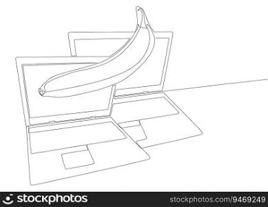 One continuous line of Laptop with Banana. Thin Line Illustration vector concept. Contour Drawing Creative ideas.