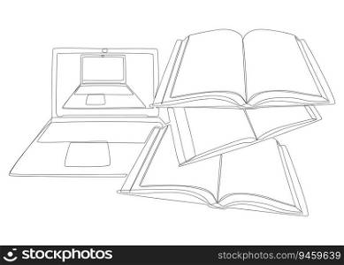 One continuous line of Laptop with books. Thin Line Electronic Education Illustration vector concept. Contour Drawing Creative ideas.