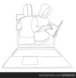 One continuous line of Laptop with Hacker. Thin Line Illustration vector concept. Contour Drawing Creative ideas.