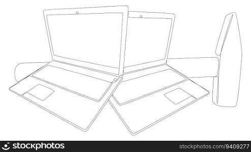 One continuous line of Laptop with Hammer. Thin Line Illustration vector concept. Contour Drawing Creative ideas.