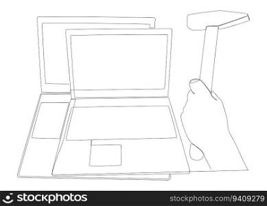 One continuous line of Laptop with Hammer. Thin Line Illustration vector concept. Contour Drawing Creative ideas.