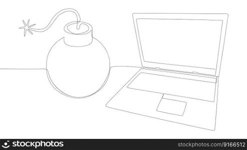 One continuous line of Laptop with Laptop with bombword. Thin Line Illustration vector concept. Contour Drawing Creative ideas.