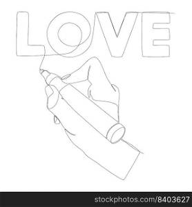One continuous line of Love word written by pen. Thin Line Illustration vector concept. Contour Drawing Creative ideas.