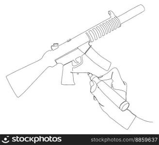 One continuous line of Machine Gun drawn by with felt tip pen. Thin Line Illustration vector concept. Contour Drawing Creative ideas.