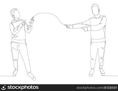One continuous line of Male pointing with finger at another man. Thin Line Illustration vector concept. Contour Drawing Creative ideas.