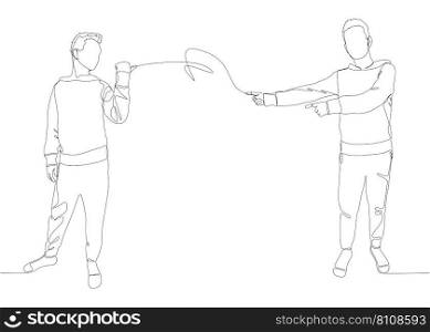 One continuous line of Male pointing with finger at another man. Thin Line Illustration vector concept. Contour Drawing Creative ideas.