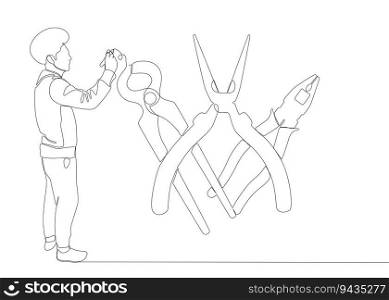 One continuous line of man drawing  Pliers, Tongs by with felt tip pen. A hand tool used to hold objects securely. Thin Line Illustration vector concept. Contour Drawing Creative ideas.