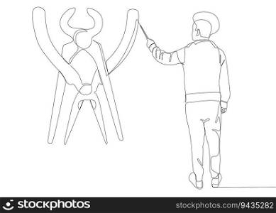 One continuous line of man drawing  Pliers, Tongs by with felt tip pen. A hand tool used to hold objects securely. Thin Line Illustration vector concept. Contour Drawing Creative ideas.