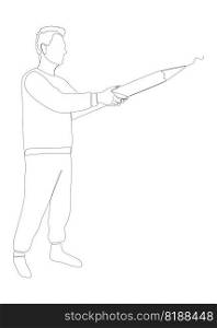 One continuous line of man holding huge pencil. Thin Line Illustration vector concept. Contour Drawing Creative ideas.