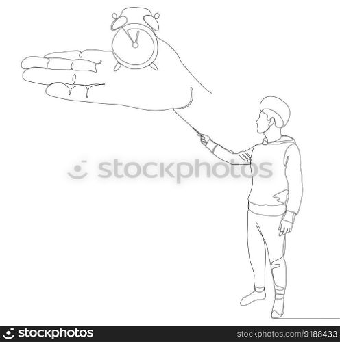 One continuous line of Man pointing at Alarm Clock. Thin Line Illustration vector concept. Contour Drawing Creative ideas.