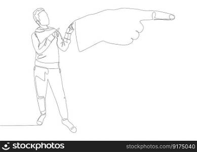 One continuous line of Man pointing with finger at a pointind hand. Thin Line Illustration vector concept. Contour Drawing Creative ideas.