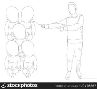 One continuous line of Man pointing with finger at Baby. Thin Line Illustration vector concept. Contour Drawing Creative ideas.