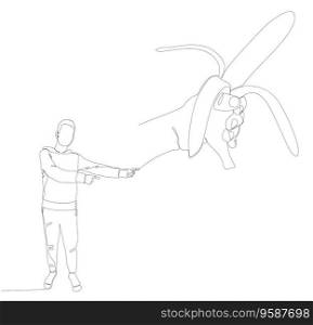 One continuous line of Man pointing with finger at banana. Thin Line Illustration vector concept. Contour Drawing Creative ideas.