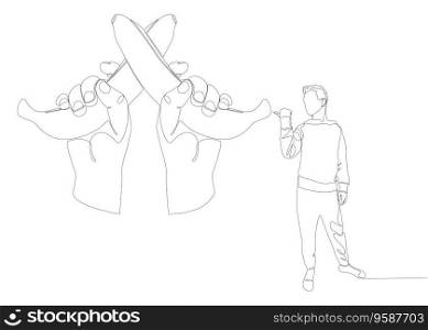 One continuous line of Man pointing with finger at banana. Thin Line Illustration vector concept. Contour Drawing Creative ideas.
