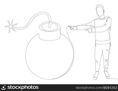 One continuous line of Man pointing with finger at Bomb. Thin Line Illustration vector concept. Contour Drawing Creative ideas.
