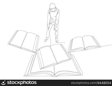 One continuous line of Man pointing with finger at book. Thin Line Illustration vector concept. Contour Drawing Creative ideas.