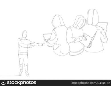 One continuous line of Man pointing with finger at Hacker, Men using Laptop. Thin Line Illustration vector concept. Contour Drawing Creative ideas.