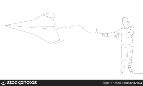 One continuous line of Man pointing with finger at Paper Airplane. Thin Line Illustration vector concept. Contour Drawing Creative ideas.