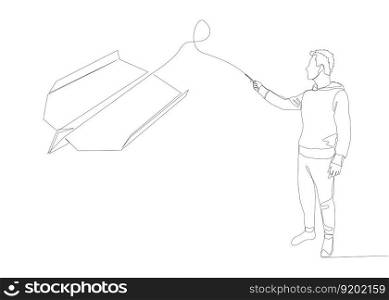 One continuous line of Man pointing with finger at Paper Airplane. Thin Line Illustration vector concept. Contour Drawing Creative ideas.