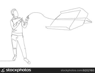 One continuous line of Man pointing with finger at Paper Airplane. Thin Line Illustration vector concept. Contour Drawing Creative ideas.