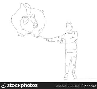 One continuous line of Man pointing with finger at Piggy Bank. Thin Line Illustration vector concept. Contour Drawing Creative ideas.