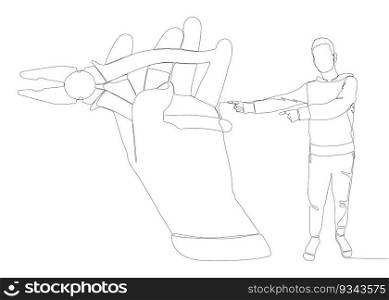 One continuous line of Man pointing with finger at Pliers, Tongs. A hand tool used to hold objects securely. Thin Line Illustration vector concept. Contour Drawing Creative ideas.