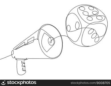 One continuous line of Megaphone with dice. Thin Line Illustration vector concept. Contour Drawing Creative ideas.