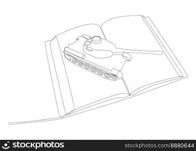 One continuous line of Opened Book and Armored Tank. Thin Line Illustration vector concept. Contour Drawing Creative ideas.