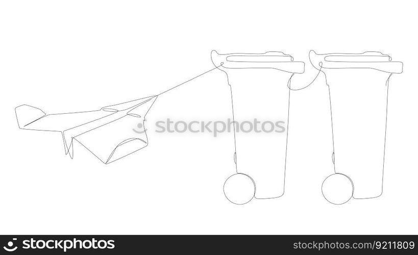 One continuous line of Paper Airplane with Garbage Bin. Thin Line Illustration vector concept. Contour Drawing Creative ideas.