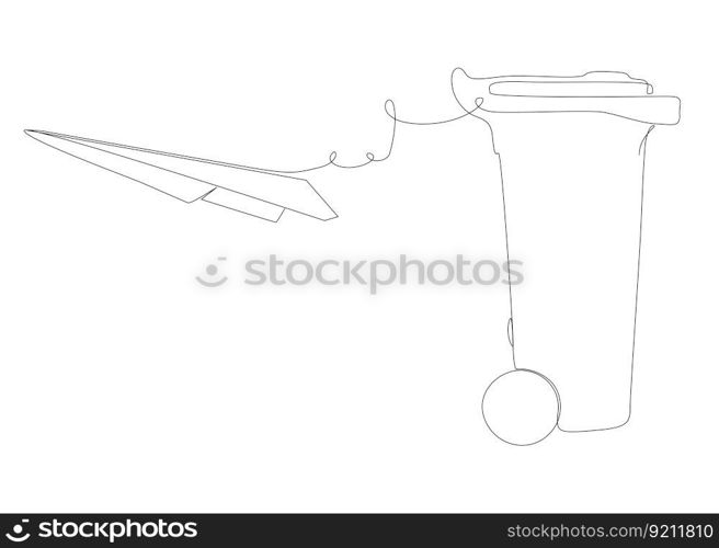 One continuous line of Paper Airplane with Garbage Bin. Thin Line Illustration vector concept. Contour Drawing Creative ideas.