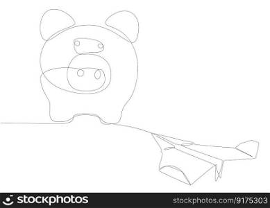 One continuous line of Paper Airplane with Piggy Bank. Thin Line Illustration vector concept. Contour Drawing Creative ideas.