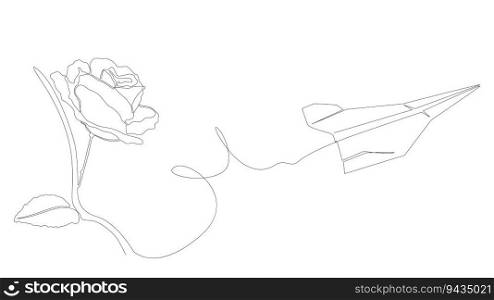 One continuous line of Paper Airplane with rose flowers. Thin Line Illustration vector concept. Contour Drawing Creative ideas.