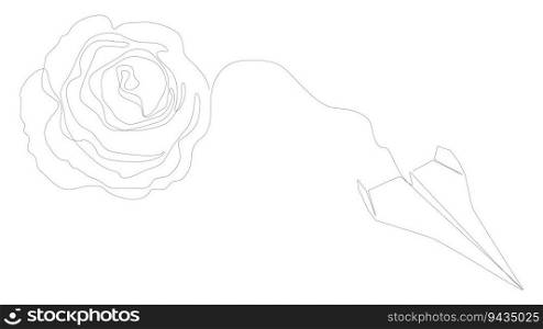 One continuous line of Paper Airplane with rose flowers. Thin Line Illustration vector concept. Contour Drawing Creative ideas.