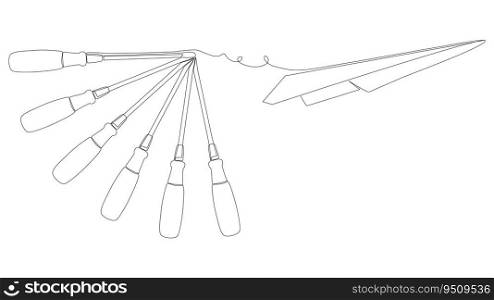 One continuous line of Paper Airplane with Screwdriver. Thin Line Illustration vector concept. Contour Drawing Creative ideas.