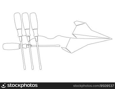 One continuous line of Paper Airplane with Screwdriver. Thin Line Illustration vector concept. Contour Drawing Creative ideas.