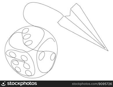 One continuous line of paper plane with dice. Thin Line Illustration vector concept. Contour Drawing Creative ideas.