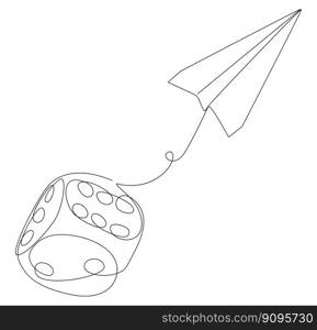 One continuous line of paper plane with dice. Thin Line Illustration vector concept. Contour Drawing Creative ideas.