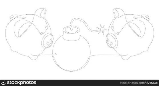 One continuous line of Piggy Bank and bomb. Thin Line Illustration vector concept. Contour Drawing Creative ideas.
