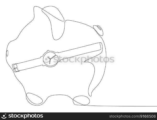 One continuous line of Piggy Bank and wristwatch. Thin Line Illustration vector concept. Contour Drawing Creative ideas.