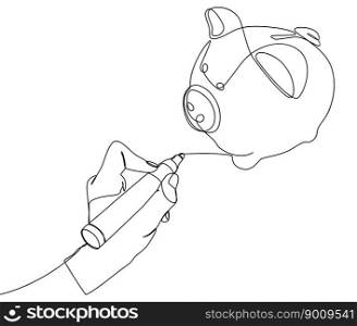 One continuous line of Piggy Bank drawn with a pencil, felt tip pen. Thin Line Illustration vector concept. Contour Drawing Creative ideas.