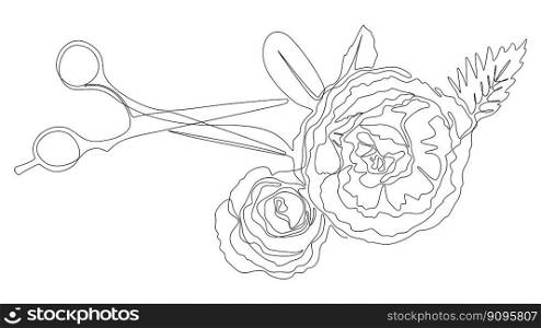 One continuous line of scissor with rose flowers. Thin Line Illustration vector concept. Contour Drawing Creative ideas.