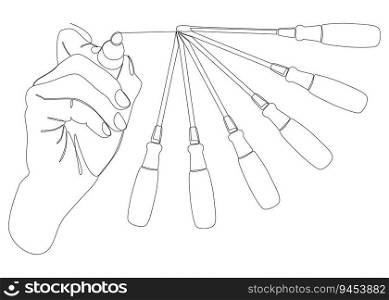 One continuous line of Screw Driver drawn with a pencil, felt tip pen. Thin Line Illustration vector concept. Contour Drawing Creative ideas.
