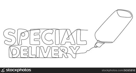 One continuous line of Special Delivery text written with a pencil, felt tip pen. Thin Line Illustration vector concept. Contour Drawing Creative ideas.