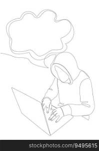 One continuous line of speech bubble with Computer Hacker. Thin Line Illustration vector concept. Contour Drawing Creative ideas.